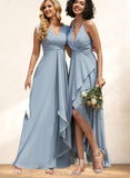 Carla A-line V-Neck Floor-Length Chiffon Bridesmaid Dress With Ruffle UKP0019347