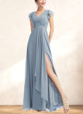 Carla A-line V-Neck Floor-Length Chiffon Bridesmaid Dress With Ruffle UKP0019347