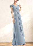 Carla A-line V-Neck Floor-Length Chiffon Bridesmaid Dress With Ruffle UKP0019347