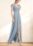 Carla A-line V-Neck Floor-Length Chiffon Bridesmaid Dress With Ruffle UKP0019347