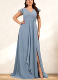 Carla A-line V-Neck Floor-Length Chiffon Bridesmaid Dress With Ruffle UKP0019347