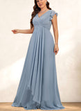 Carla A-line V-Neck Floor-Length Chiffon Bridesmaid Dress With Ruffle UKP0019347