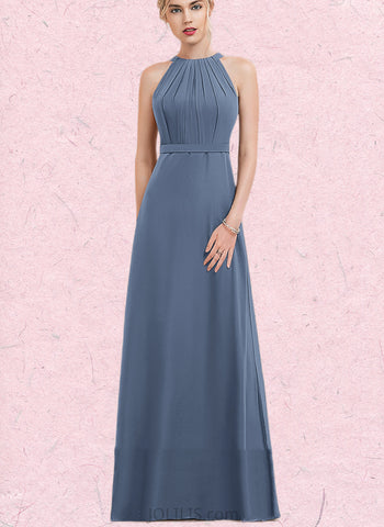 Kamari A-line Scoop Floor-Length Chiffon Bridesmaid Dress With Ruffle UKP0019349