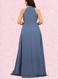 Kamari A-line Scoop Floor-Length Chiffon Bridesmaid Dress With Ruffle UKP0019349