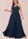 Finley A-line V-Neck Floor-Length Chiffon Bridesmaid Dress UKP0019350