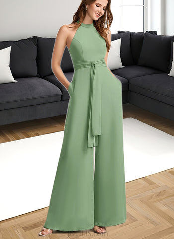 Jaylen Jumpsuit/Pantsuit High Neck Floor-Length Chiffon Bridesmaid Dress With Bow UKP0019351