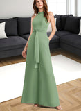 Jaylen Jumpsuit/Pantsuit High Neck Floor-Length Chiffon Bridesmaid Dress With Bow UKP0019351