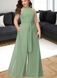 Jaylen Jumpsuit/Pantsuit High Neck Floor-Length Chiffon Bridesmaid Dress With Bow UKP0019351