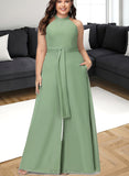 Jaylen Jumpsuit/Pantsuit High Neck Floor-Length Chiffon Bridesmaid Dress With Bow UKP0019351