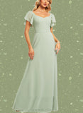 Andrea A-line V-Neck Floor-Length Chiffon Bridesmaid Dress With Ruffle UKP0019352