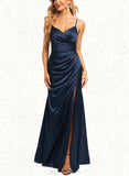 Arianna A-line V-Neck Floor-Length Satin Bridesmaid Dress UKP0019354