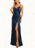 Arianna A-line V-Neck Floor-Length Satin Bridesmaid Dress UKP0019354