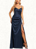 Arianna A-line V-Neck Floor-Length Satin Bridesmaid Dress UKP0019354