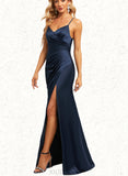 Arianna A-line V-Neck Floor-Length Satin Bridesmaid Dress UKP0019354