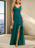 Ashleigh A-line V-Neck Floor-Length Chiffon Bridesmaid Dress With Ruffle UKP0019357