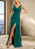 Ashleigh A-line V-Neck Floor-Length Chiffon Bridesmaid Dress With Ruffle UKP0019357