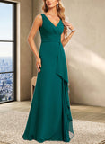 Ashleigh A-line V-Neck Floor-Length Chiffon Bridesmaid Dress With Ruffle UKP0019357