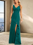 Ashleigh A-line V-Neck Floor-Length Chiffon Bridesmaid Dress With Ruffle UKP0019357