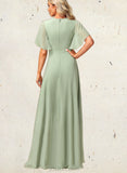 Prudence A-line Boat Neck Asymmetrical Chiffon Bridesmaid Dress With Ruffle UKP0019358