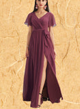 Adalyn A-line V-Neck Floor-Length Chiffon Bridesmaid Dress UKP0019359