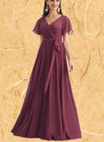 Adalyn A-line V-Neck Floor-Length Chiffon Bridesmaid Dress UKP0019359