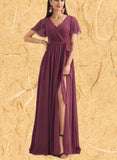 Adalyn A-line V-Neck Floor-Length Chiffon Bridesmaid Dress UKP0019359