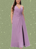 Nova A-line V-Neck Floor-Length Chiffon Bridesmaid Dress With Ruffle UKP0019360