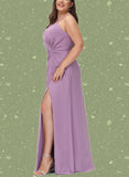 Nova A-line V-Neck Floor-Length Chiffon Bridesmaid Dress With Ruffle UKP0019360