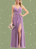 Nova A-line V-Neck Floor-Length Chiffon Bridesmaid Dress With Ruffle UKP0019360