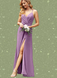 Nova A-line V-Neck Floor-Length Chiffon Bridesmaid Dress With Ruffle UKP0019360