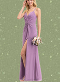 Nova A-line V-Neck Floor-Length Chiffon Bridesmaid Dress With Ruffle UKP0019360