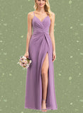 Nova A-line V-Neck Floor-Length Chiffon Bridesmaid Dress With Ruffle UKP0019360