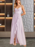 Cara A-line V-Neck Asymmetrical Chiffon Bridesmaid Dress With Ruffle UKP0019361