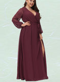 Theresa A-line V-Neck Floor-Length Chiffon Bridesmaid Dress With Bow Pleated UKP0019363