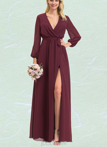 Theresa A-line V-Neck Floor-Length Chiffon Bridesmaid Dress With Bow Pleated UKP0019363