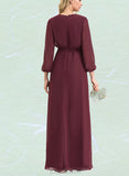 Theresa A-line V-Neck Floor-Length Chiffon Bridesmaid Dress With Bow Pleated UKP0019363