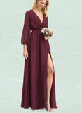 Theresa A-line V-Neck Floor-Length Chiffon Bridesmaid Dress With Bow Pleated UKP0019363