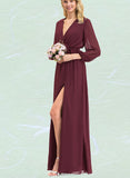 Theresa A-line V-Neck Floor-Length Chiffon Bridesmaid Dress With Bow Pleated UKP0019363