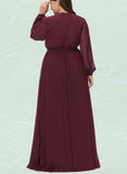 Theresa A-line V-Neck Floor-Length Chiffon Bridesmaid Dress With Bow Pleated UKP0019363