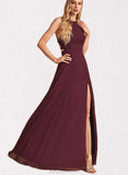 Mckenzie A-line High Neck Floor-Length Chiffon Bridesmaid Dress UKP0019364