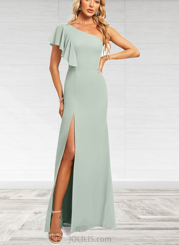 Kaitlin Trumpet/Mermaid One Shoulder Floor-Length Chiffon Bridesmaid Dress With Ruffle UKP0019365