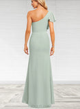 Kaitlin Trumpet/Mermaid One Shoulder Floor-Length Chiffon Bridesmaid Dress With Ruffle UKP0019365