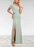 Kaitlin Trumpet/Mermaid One Shoulder Floor-Length Chiffon Bridesmaid Dress With Ruffle UKP0019365