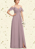 Sibyl A-line Cold Shoulder V-Neck Floor-Length Chiffon Bridesmaid Dress With Pleated UKP0019366