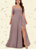 Sibyl A-line Cold Shoulder V-Neck Floor-Length Chiffon Bridesmaid Dress With Pleated UKP0019366