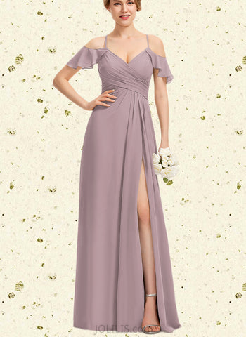 Sibyl A-line Cold Shoulder V-Neck Floor-Length Chiffon Bridesmaid Dress With Pleated UKP0019366