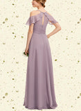 Sibyl A-line Cold Shoulder V-Neck Floor-Length Chiffon Bridesmaid Dress With Pleated UKP0019366