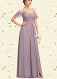 Sibyl A-line Cold Shoulder V-Neck Floor-Length Chiffon Bridesmaid Dress With Pleated UKP0019366