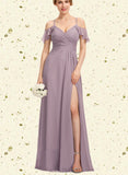 Sibyl A-line Cold Shoulder V-Neck Floor-Length Chiffon Bridesmaid Dress With Pleated UKP0019366