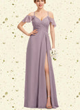 Sibyl A-line Cold Shoulder V-Neck Floor-Length Chiffon Bridesmaid Dress With Pleated UKP0019366